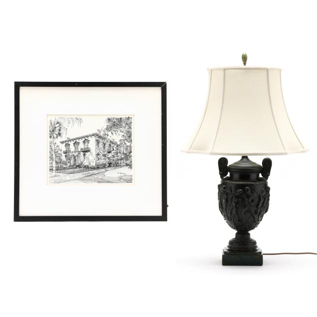 a-neoclassical-style-bronze-lamp-and-framed-drawing-mercer-house