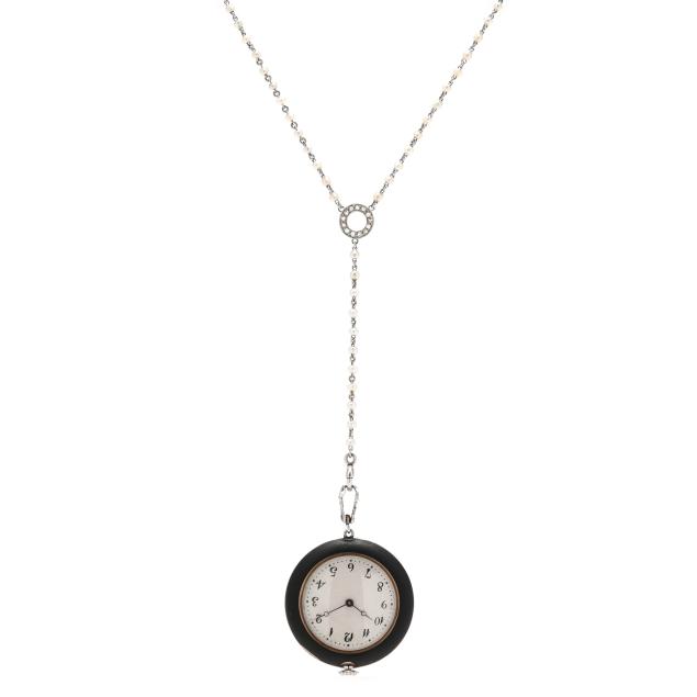 white-gold-enamel-and-diamond-pendant-watch-longines-wittnauer-and-a-platinum-pearl-and-diamond-necklace