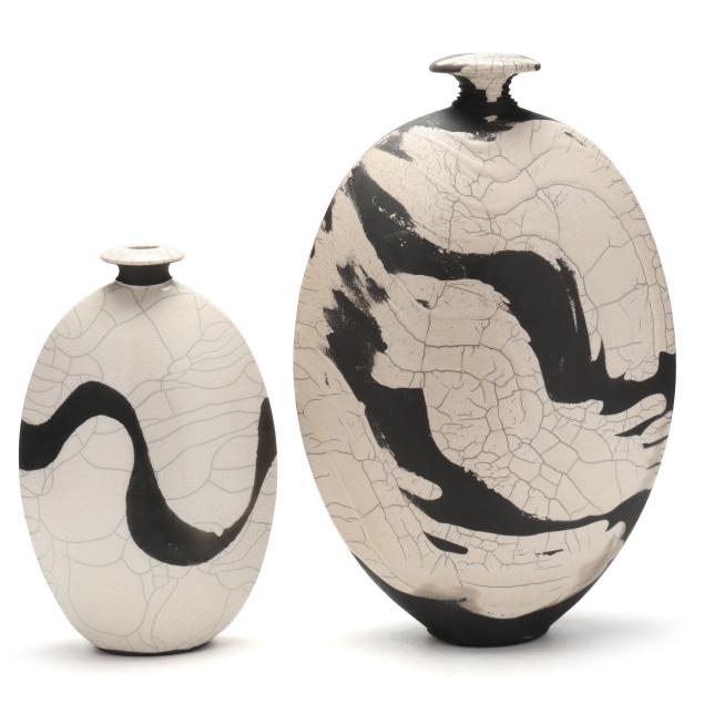 joe-winter-american-two-black-and-white-raku-flounder-vases