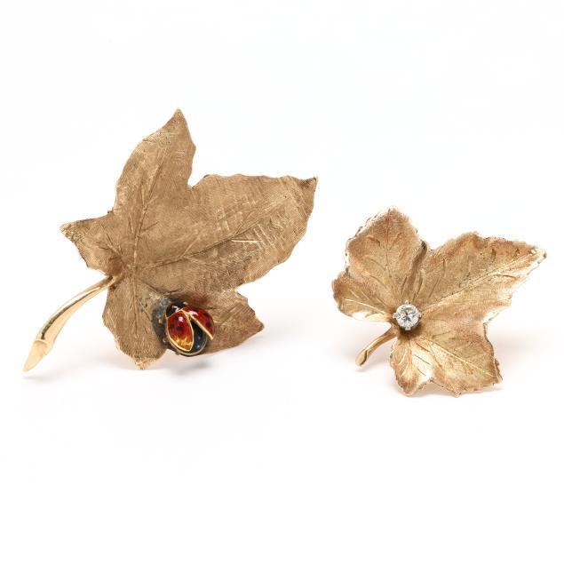 a-gold-and-diamond-leaf-brooch-and-a-gold-and-enamel-leaf-brooch