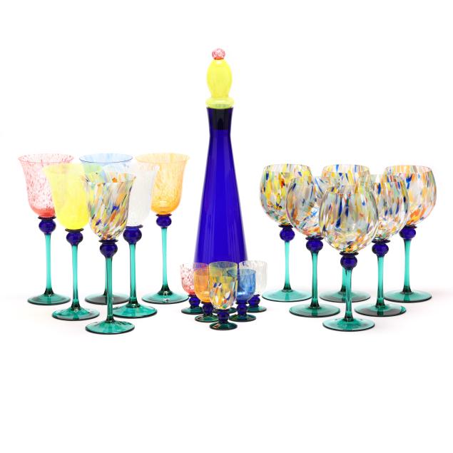 19-pieces-of-bright-colored-czech-art-glass-barware