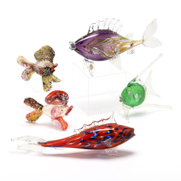 a-school-of-five-bright-colored-art-glass-fish