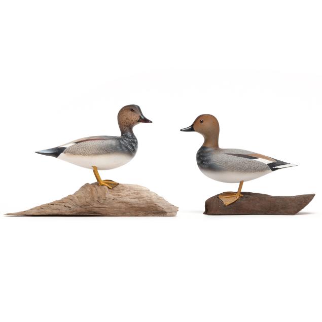 curtis-waterfield-va-1926-2017-two-miniature-gadwall-carvings-on-driftwood