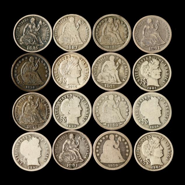 ten-10-seated-liberty-dimes-one-cc-and-six-6-barber-dimes