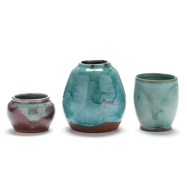 three-jugtown-pottery-chinese-blue-glazed-vases