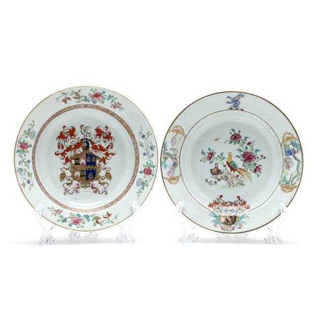 two-chinese-export-armorial-dishes-arms-of-baker-and-famille-rose