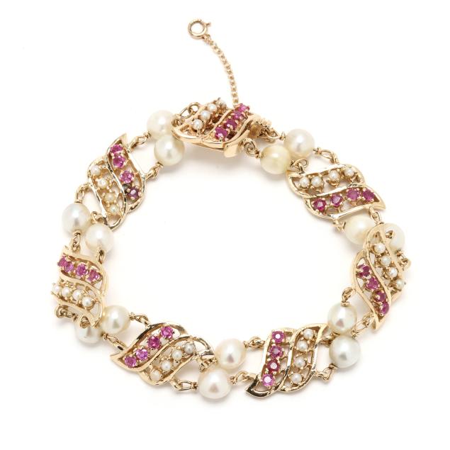 multi-strand-gold-pearl-and-ruby-bracelet