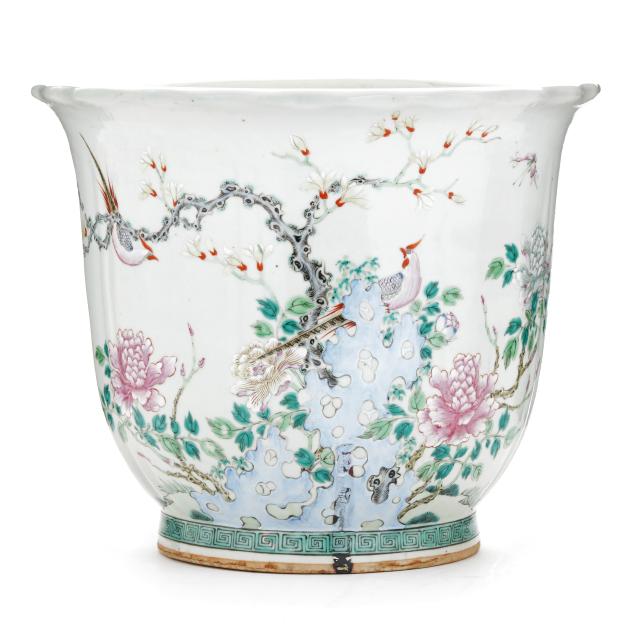 a-large-chinese-porcelain-famille-rose-jardiniere-with-birds-and-flowers