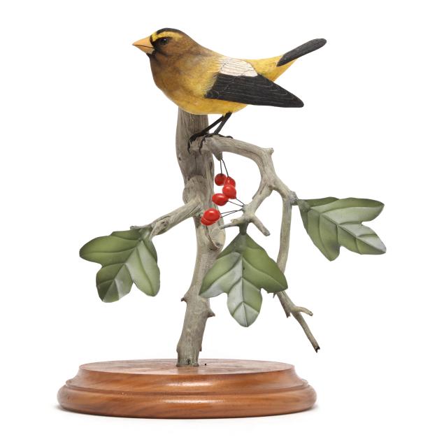 euyless-and-aurora-holcomb-al-gold-finch-on-decorated-wood-base