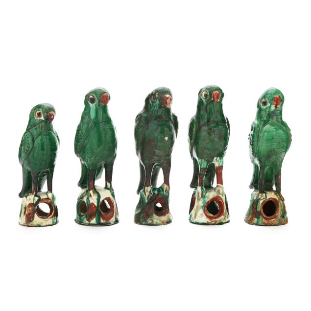 five-chinese-export-green-glazed-parrots