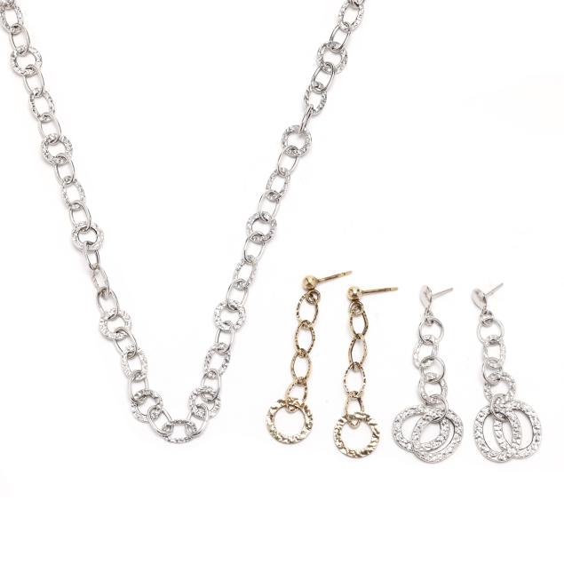 white-gold-necklace-and-dangle-earring-set-and-a-pair-of-gold-dangle-earrings-h-w-burdick