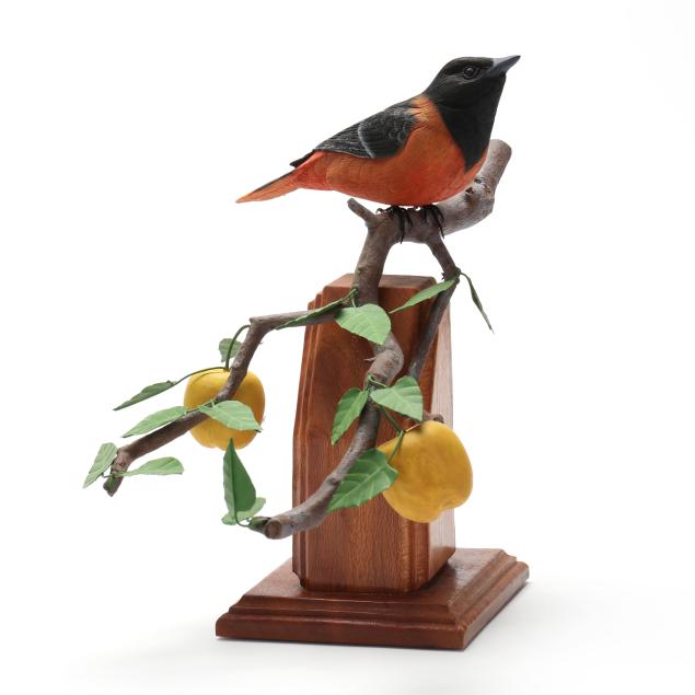 john-hodge-nc-baltimore-oriole-on-decorated-wood-base