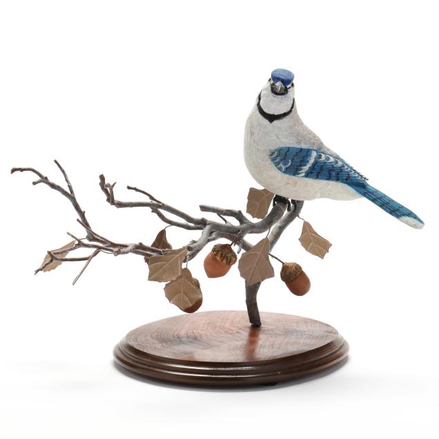 john-hodge-nc-bluejay-on-decorated-wood-base