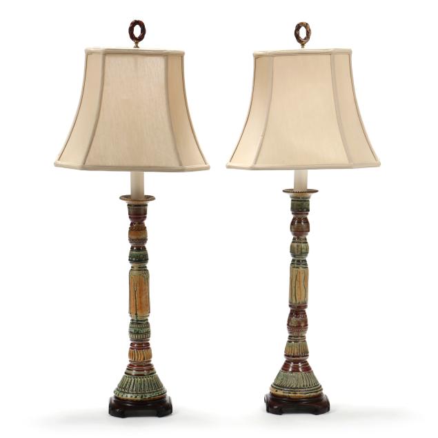 pair-of-pottery-candlesticks-fitted-as-table-lamps