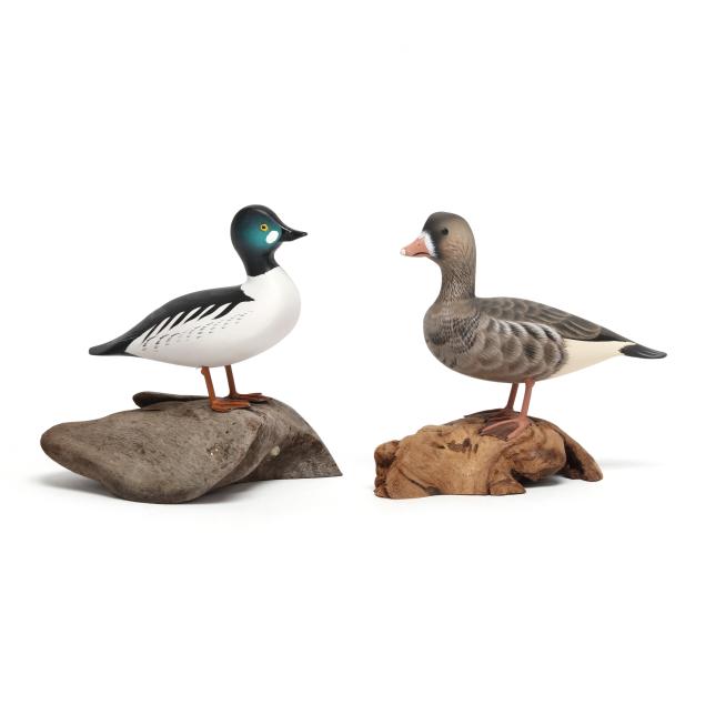 curtis-waterfield-va-1926-2017-two-miniature-decoys-on-driftwood