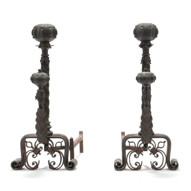 a-pair-of-continental-iron-and-bronze-columnar-andirons