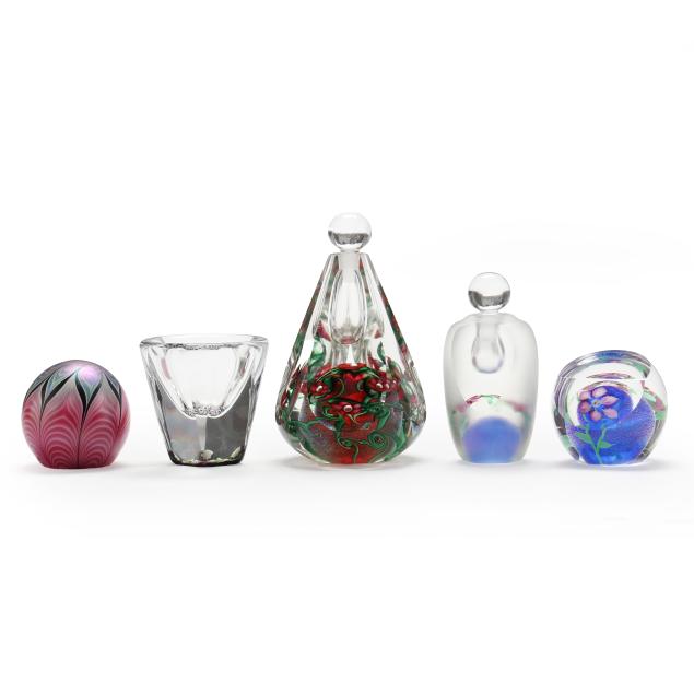 five-vandermark-art-glass-paperweights-and-perfume-bottles