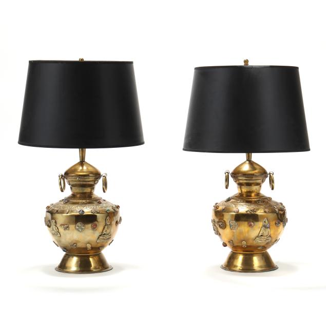 a-pair-of-mid-century-asian-jewel-mounted-brass-vessel-table-lamps