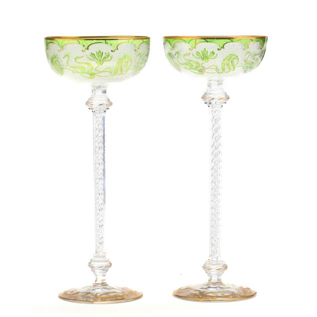 a-pair-of-art-nouveau-bohemian-green-and-gilt-crystal-stems