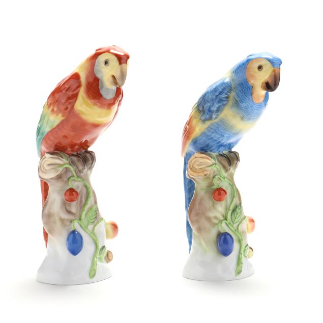 pair-of-herend-natural-porcelain-parrot-on-branch-figures