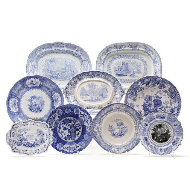 five-antique-blue-and-white-transfer-plates-and-four-platters