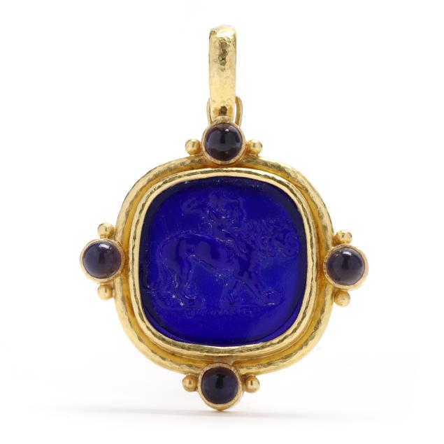 gold-blue-venetian-glass-intaglio-and-iolite-pendant-enhancer-elizabeth-locke