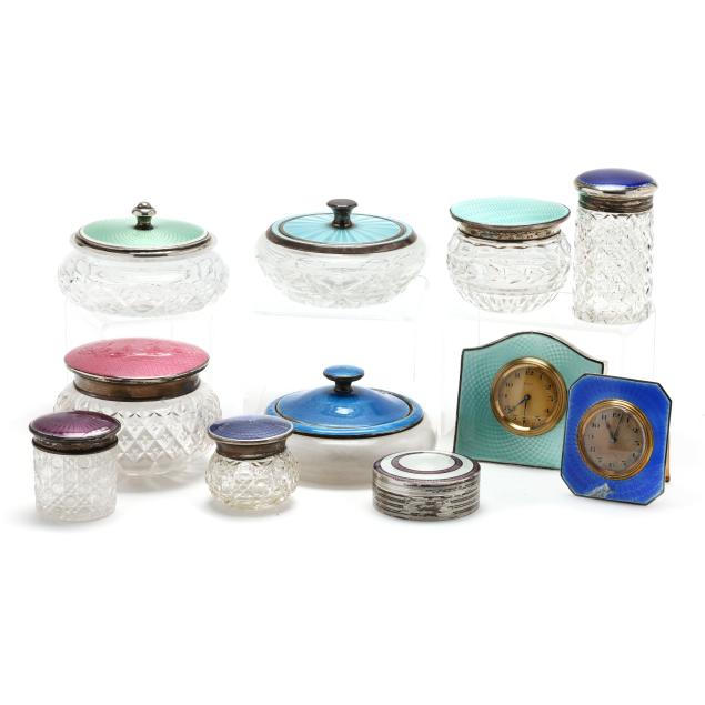 a-collection-of-sterling-silver-guilloche-enameled-dresser-boxes-and-clocks