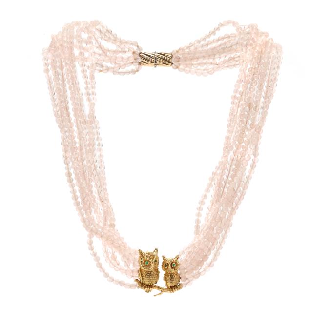 gold-and-rose-quartz-torsade-necklace-with-a-kurt-wayne-gold-and-gem-set-owl-motif