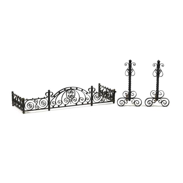 antique-wrought-iron-fire-fender-and-andirons