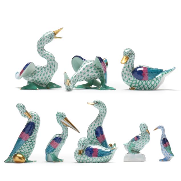 eight-herend-porcelain-green-fishnet-bird-figures