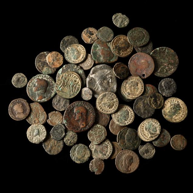 fifty-four-54-roman-bronze-coins-and-an-unusual-modern-fantasy-piece