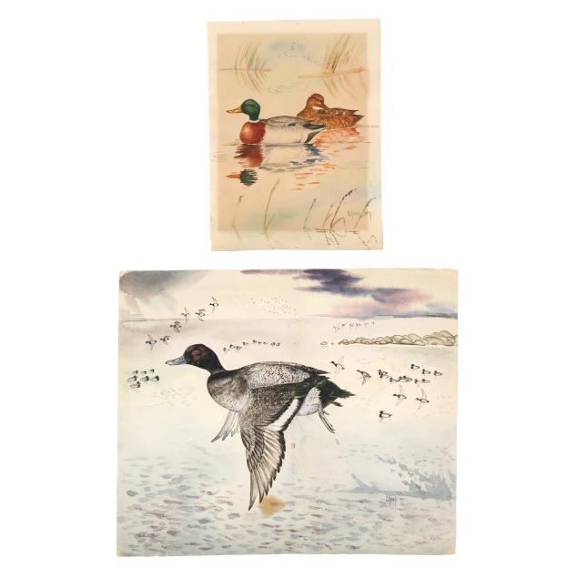 duane-raver-jr-nc-1927-2022-two-early-unframed-watercolor-paintings