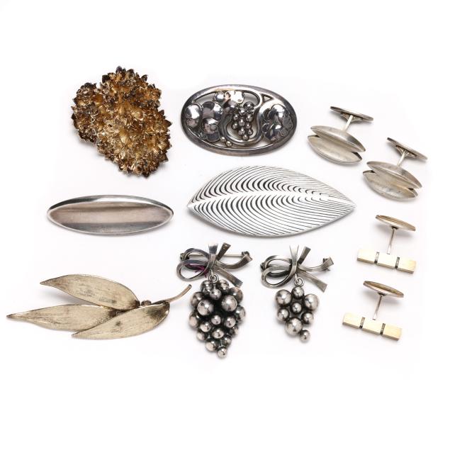 seven-sterling-silver-brooches-and-two-pairs-of-sterling-silver-cufflinks-denmark