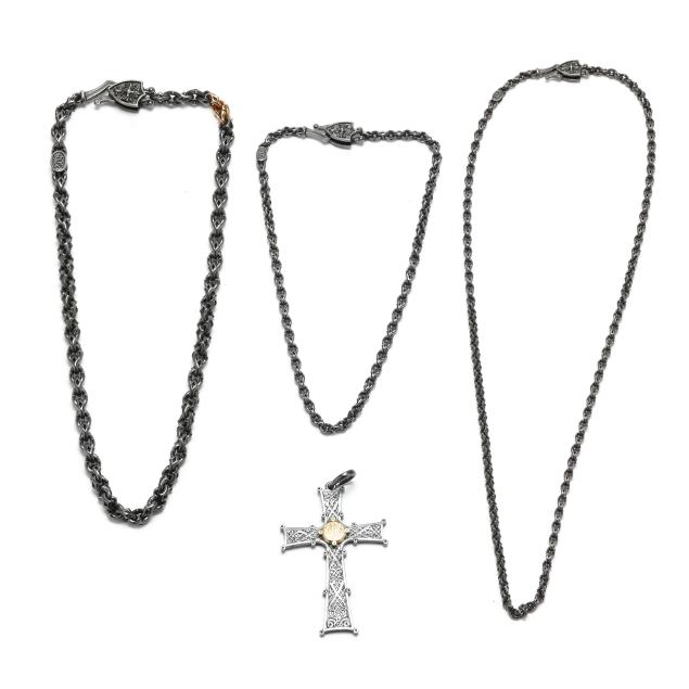 three-oxidized-sterling-silver-necklaces-and-an-argentium-and-gold-cross-pendant