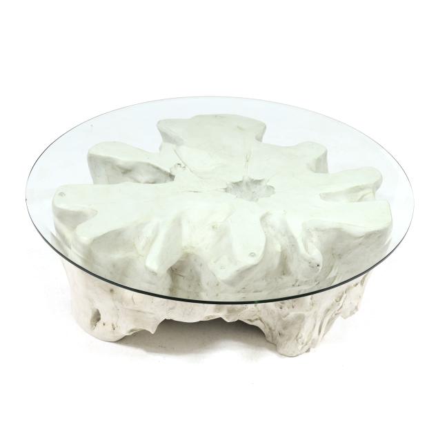 contemporary-faux-rootwood-glass-top-coffee-table