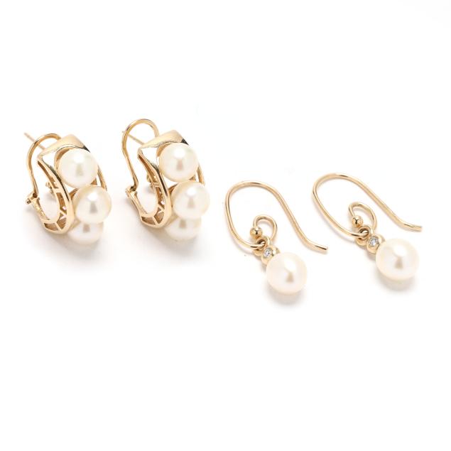 a-pair-of-gold-and-pearl-dangle-earrings-by-pandora-and-a-pair-of-gold-and-pearl-hoop-earrings