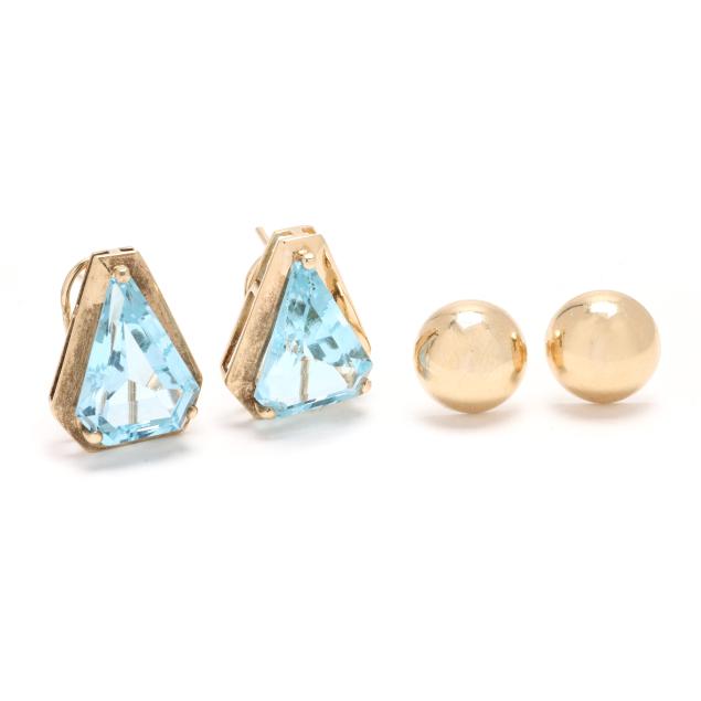 a-pair-of-gold-button-stud-earrings-and-a-pair-topaz-stud-earrings