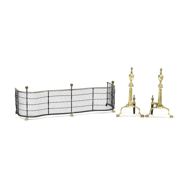 brass-wirework-fire-fender-and-pair-of-andirons