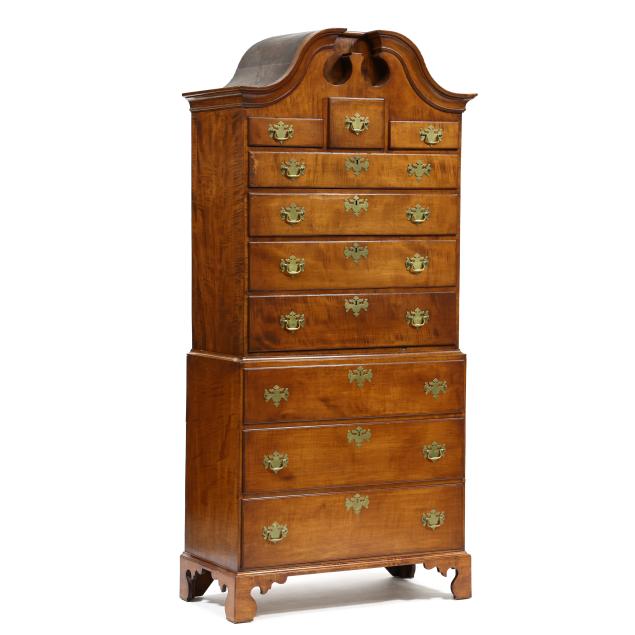 new-england-figured-maple-chippendale-bonnet-top-chest-on-chest