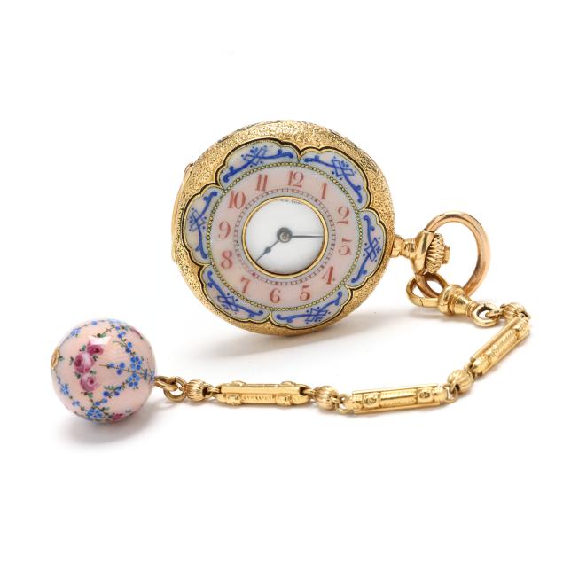 antique-gold-and-enamel-pocket-watch-tiffany-co-and-a-gold-and-enamel-watch-fob