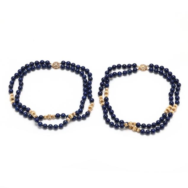 pair-of-double-strand-lapis-lazuli-and-gold-bead-necklaces