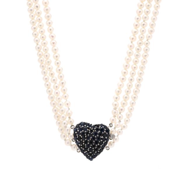 multi-strand-pearl-necklace-with-white-gold-and-sapphire-clasp