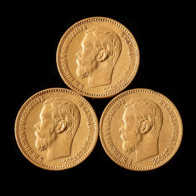 three-3-imperial-russian-gold-5-roubles-of-nicholas-ii