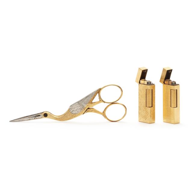 two-vintage-gold-toned-lighters-by-dunhill-and-a-pair-of-embroidery-scissors