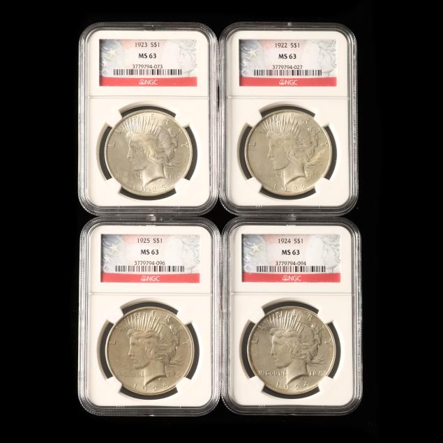 four-4-sequential-ngc-ms63-peace-silver-dollars