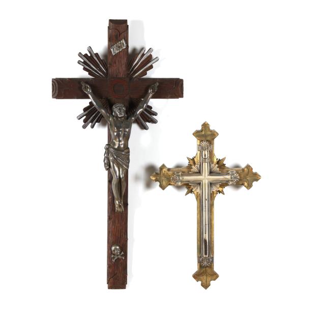 two-vintage-carved-wood-and-metal-mounted-crucifixes