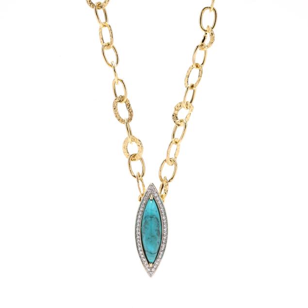 gold-link-necklace-with-a-gold-turquoise-and-diamond-pendant-slide