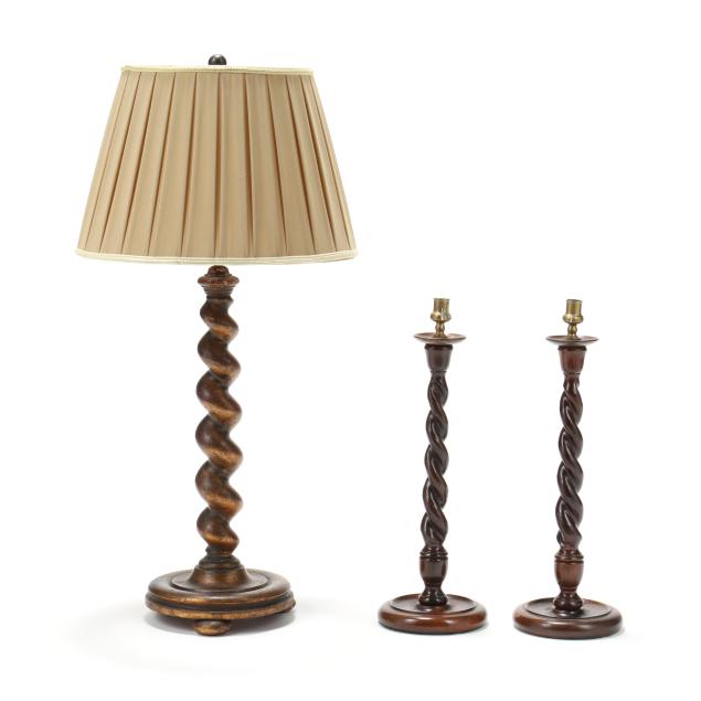 vintage-barley-twist-table-lamp-and-pair-of-candlesticks