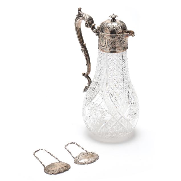 an-english-silver-and-cut-crystal-ewer-and-pair-of-decanter-tags