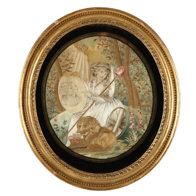 framed-needlework-of-woman-with-lion